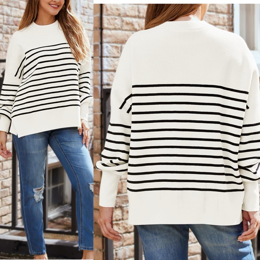NWT Oversized Batwing Sweaters 2024 Fall Outfits‎ Crewneck Ribbed Knit Side Slit